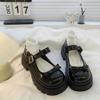 Туфли Мэри Джейн из кожи на толстой подошве для женщин в британском стиле 2024 года, новые туфли с одним словом и бантом, легкие туфли-лоферы для женщин 35