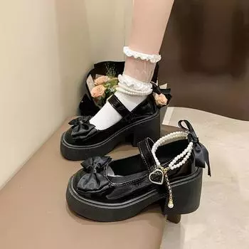Туфли Мэри Джейн из кожи с бантом для женщин, лето-осень, новые дизайнерские туфли на платформе с жемчугом и высоким каблуком, женские 35 чёрный