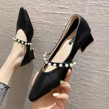Туфли Мэри Джейн из натуральной кожи, туфли в сказочном стиле с жемчугом и квадратным носком, модная женская обувь во французском стиле на массивном каблуке во французском стиле ретро 35