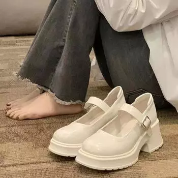 Туфли Мэри Джейн из натуральной кожи женские белые на платформе французские нежные феи с юбкой на толстом каблуке 35