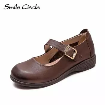 Туфли Мэри Джейн из натуральной кожи женские туфли с круглым носком и пряжкой на плоской подошве модная удобная повседневная обувь 35 серый