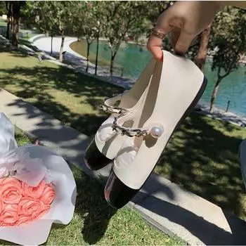 Туфли Мэри Джейн из овчины, новые весенние и осенние, с плоской подошвой, с цветными блоками, жемчужного цвета, женские, одинарные 34