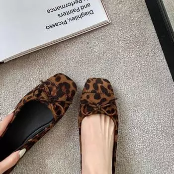 Туфли Мэри Джейн из овчины с бантом и леопардовым принтом, женские осенние балетки на французском толстом каблуке, туфли на маленьком каблуке 35