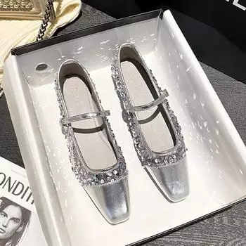 Туфли Мэри Джейн из серебристой кожи в стиле пэчворк, женские балетки с ремешком на щиколотке, блестящие мокасины, женские блестящие туфли 35 серебряный