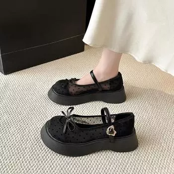 Туфли Мэри Джейн из сетки с бантом, дышащие, в стиле ретро, женские летние новые туфли на одинарной подошве, балетки на платформе 35