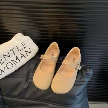 Туфли Мэри Джейн из замши на плоской подошве, женская обувь весна-осень 2025, новые простые и универсальные легкие туфли с ретро-обувью 35 бежевый