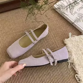 Туфли Мэри Джейн из замши с двойной пряжкой в стиле ретро, женские одинарные туфли 2025 года, квадратная носовая часть, плоская подошва, туфли для бабушек, корейская версия, женская обувь 35