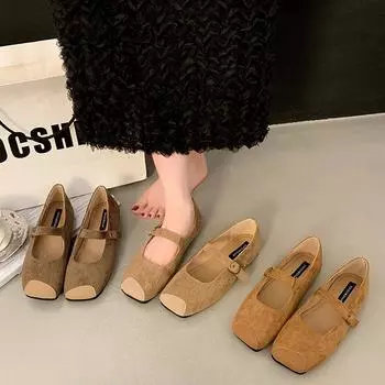 Туфли Мэри Джейн из замши в стиле ретро на плоской подошве, женская обувь, новинка 2025 года, универсальные квадратные шапочки для поездок на работу 35 зеленые хаки