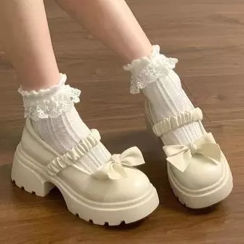 Туфли Мэри Джейн Lucyever Sweet Bowknot, женские, 2024, модные, на толстой платформе, женские, с плиссированным ремешком, на толстой подошве, в стиле Лолиты 35 бежевый