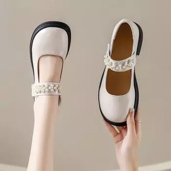 Туфли Мэри Джейн Милые женские туфли с одним словом на толстой подошве Ветрозащитные летние туфли с мелким горлом на липучке с жемчугом Модные и удобные 35 чёрный
