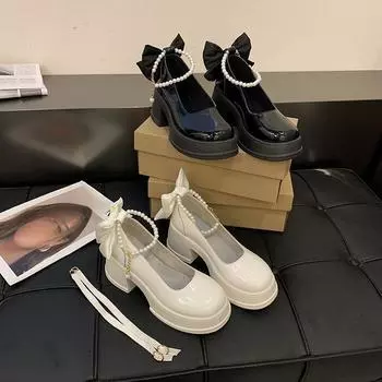 Туфли Мэри Джейн Модные и удобные женские весенние туфли с толстой подошвой и толстым каблуком с жемчужным узором 35 белый