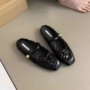 Туфли Мэри Джейн на мягкой подошве для девочек с пайетками и бантами, туфли принцессы 35 чёрный