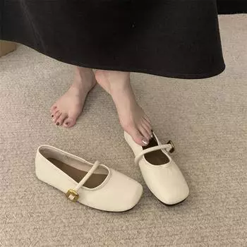 Туфли Мэри Джейн на мягкой подошве с круглым носком и неглубокой подошвой, весна 2024, новые универсальные туфли для поездок на работу с прямым ремешком, женские туфли на плоской подошве 35 абрикосовый