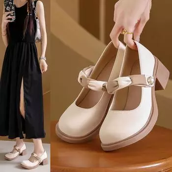 Туфли Мэри Джейн на низком каблуке для женщин Туфли на платформе с закрытым круглым носком Туфли нарядные женские Туфли Мэри Джейн с ремешком на щиколотке Туфли Мэри Джейн на массивном блочном каблуке 35 бежевый