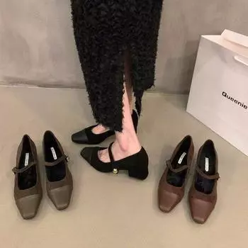 Туфли Мэри Джейн на низком каблуке, женские, весенние, коричневые, с квадратным носком и одним словом, модные и удобные 35 коричневый