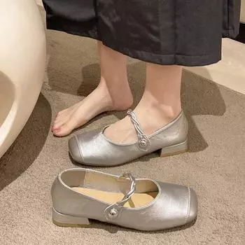 Туфли Мэри Джейн на низком квадратном каблуке, женские, повседневные, на среднем каблуке, на липучке, с мелким носком, серебристые, одинарные 35 серебряный