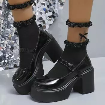 Туфли Мэри Джейн на очень высоком каблуке, женские туфли-лодочки на массивной платформе с пряжкой на щиколотке, женские туфли в стиле Лолиты из лакированной кожи на толстом каблуке 40 бежевый