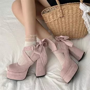 Туфли Мэри Джейн на очень высоком каблуке, женские замшевые туфли-лодочки с бабочкой и узлом, женские модные туфли с перекрестными ремешками и толстым каблуком для вечеринок 3.5 розовый