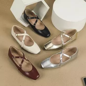Туфли Мэри Джейн на плоской подошве для женщин, повседневная нарядная обувь, удобные балетки с квадратным носком и двумя ремешками, женские туфли из искусственной кожи для офиса 35 чёрный