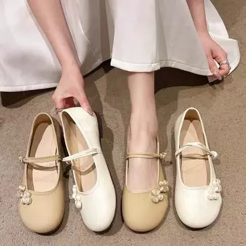 Туфли Мэри Джейн на плоской подошве для верхней женской одежды весна-лето 2025 года, новые, с мягкой подошвой, с неглубоким горлом, с цветами, вечерние, с юбками, под старину 35 бежевый