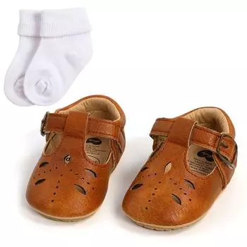 Туфли Мэри Джейн на плоской подошве для маленьких девочек, Нескользящая мягкая подошва из искусственной кожи, для новорожденных, для малышей, для первых ходок, вечерние модельные туфли с носками, 0–18 месяцев 12-18/L