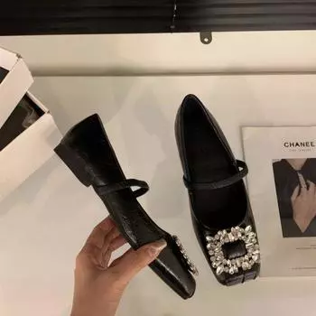 Туфли Мэри Джейн на плоской подошве из французского серебра, женские туфли, весна-осень 2025 года, вечерние туфли красного цвета со стразами и квадратной головкой 35 чёрный