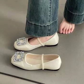 Туфли Мэри Джейн на плоской подошве из французского серебра, женские туфли, весна-осень 2025 года, вечерние туфли красного цвета со стразами и квадратной головкой 35 чёрный