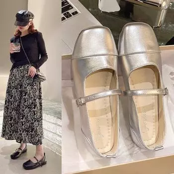 Туфли Мэри Джейн на плоской подошве с серебристым носком, модные и удобные женские туфли, летние туфли в британском стиле в стиле ретро 35 серебряный