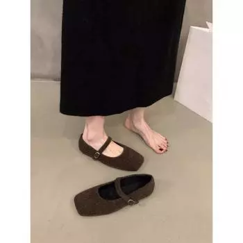 Туфли Мэри Джейн на плоской подошве, женская обувь 2024 года, новые осенне-зимние черные нежные универсальные плюшевые туфли 35 чёрный