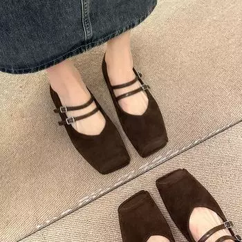 Туфли Мэри Джейн на плоской подошве женские, весна 2024, новые, с неглубоким горлом, квадратной головкой, мягкая подошва, модные туфли-одиночки, вечерние туфли из замши в стиле ретро 35 чёрный