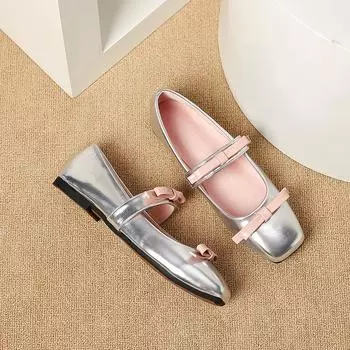 Туфли Мэри Джейн на плоском каблуке с квадратной головкой, женские весенние туфли в стиле ретро с французским бантом и пряжкой в одно слово, с легким мундштуком 35 серебряный