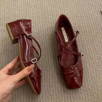 Туфли «Мэри Джейн» на среднем каблуке, новая женская обувь, балетки в стиле ретро на толстом каблуке, обувь с перекрестной пряжкой, обувь на мелкой мягкой подошве 35 красный