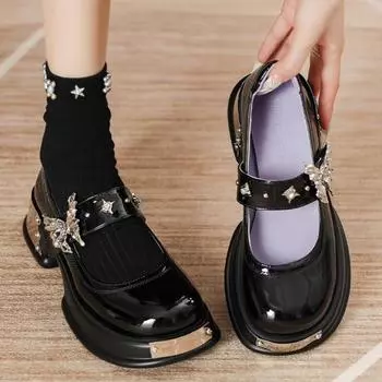 Туфли Мэри Джейн на среднем каблуке с металлическим украшением и круглым носком, распродажа, фирменные туфли-лодочки Slip-on весна/осень 35
