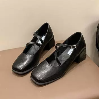 Туфли Мэри Джейн на среднем каблуке с квадратным каблуком и пряжкой на ремешке, женская обувь на распродаже 2024 года, высококачественные туфли-лодочки на весну/осень с неглубокой подошвой 35