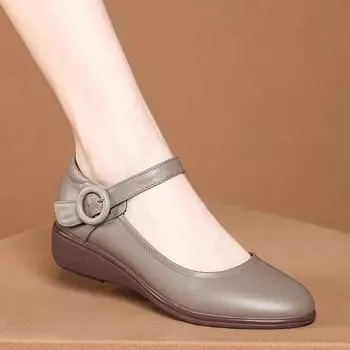 Туфли Мэри Джейн на танкетке, кожаные туфли с круглым носком и низким каблуком, удобные туфли для мам 34 коричневый