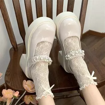 Туфли Мэри Джейн на толстой платформе для женщин, новые милые туфли Лолита с жемчужной пряжкой, женские повседневные оксфордские туфли из лакированной кожи Y2K 4.5 бежевый