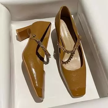 Туфли Мэри Джейн на толстой подошве во французском стиле для женщин Новые туфли на высоком каблуке, с квадратным носком, туфли с ремешком на одной пряжке Женские каблуки 35