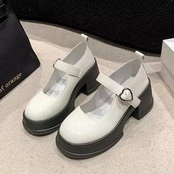 Туфли Мэри Джейн на толстой подошве, женские, новые, черные, с каблуком-бустером, маленькие, кожаные, весна 35 чёрный