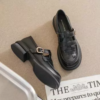 Туфли Мэри Джейн на толстой подошве, женские туфли в ретро-британском стиле, черные кожаные туфли, мягкие одинарные туфли для женщин 34 чёрный