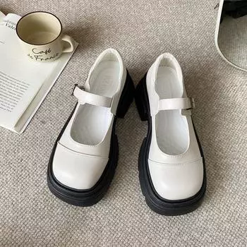 Туфли Мэри Джейн на толстой подошве женские весенние однобортные туфли в стиле колледжа в английском стиле ретро женские туфли Lefou 35 белый