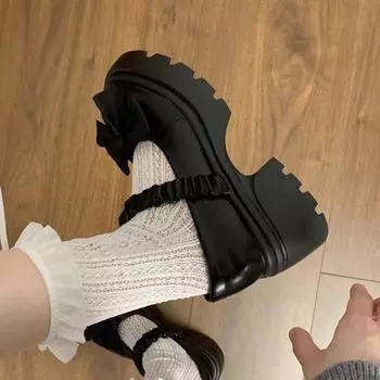 Туфли Мэри Джейн на толстой подошве, женские, весна-лето, на высоком каблуке, с бантом, одинарные, модные и удобные 35 чёрный