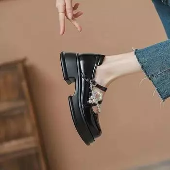 Туфли Мэри Джейн на толстой подошве, женские мокасины в стиле колледжа, туфли с жемчужной цепочкой и сотней, одинарные туфли 35 чёрный