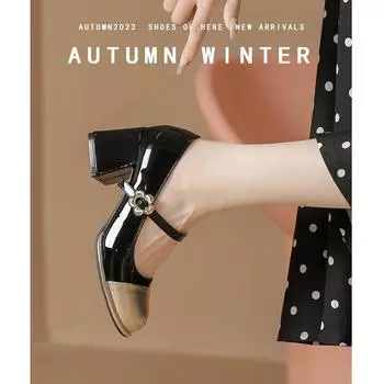 Туфли Мэри Джейн на толстом каблуке для женщин. Нарядные туфли с ремешком на щиколотке. Женские повседневные туфли-лодочки с круглым носком. Туфли-лодочки Мэри Джейн для свадьбы, офиса, вечеринки. 34 чёрный