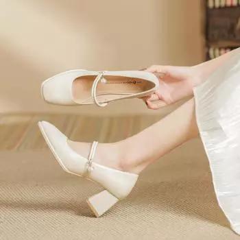 Туфли Мэри Джейн на толстом каблуке для женщин, нарядные туфли с ремешком на щиколотке, повседневные туфли на блочном каблуке, женские туфли-лодочки с квадратным носком, туфли-лодочки Мэри Джейн для свадьбы, офиса, вечеринки 34 абрикосовый