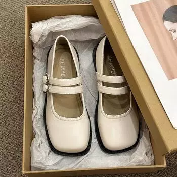 Туфли Мэри Джейн на толстом каблуке. Элегантные классические туфли в стиле ретро с квадратным носком. Удобные мягкие женские туфли на низком каблуке с неглубоким вырезом. 35 бежевый