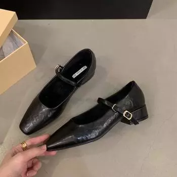 Туфли Мэри Джейн на толстом каблуке. Элегантные классические туфли в стиле ретро с квадратным носком. Удобные мягкие женские туфли на низком каблуке с неглубоким вырезом. 35 чёрный