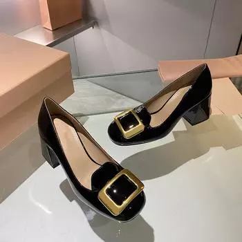 Туфли Мэри Джейн на толстом каблуке с квадратной пряжкой, винтажные туфли Lefu из лаковой кожи на высоком каблуке с квадратной головкой и неглубоким горлышком 38