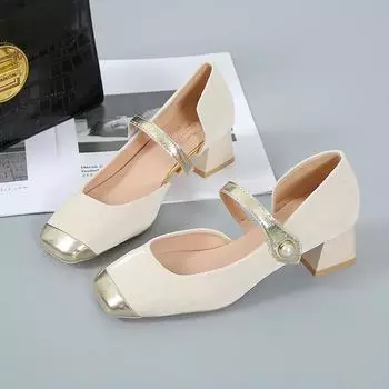 Туфли Мэри Джейн на толстом каблуке с французской квадратной головкой, весна-лето, новые мягкие кожаные боковые части, пустые легкие язычки, одинарные туфли на липучке 35