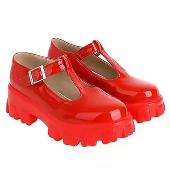 Туфли Мэри Джейн на толстом каблуке с Т-образным ремешком на платформе, женские повседневные туфли в стиле Лолиты красного и белого цвета, милые туфли на плоской подошве 34