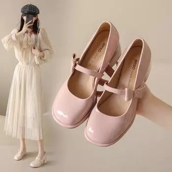 Туфли Мэри Джейн на толстом каблуке в стиле ретро, женские модные туфли на высоком каблуке с бантом в корейском стиле 34 чёрный